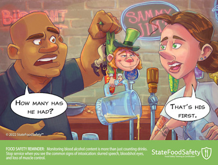 Cartoon showing two bartenders discussing how many drinks a patron has had.