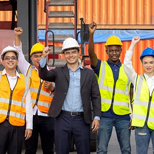 A group of construction workers wearing hard hats and high-visibility safety vests pose together at an industrial worksite.