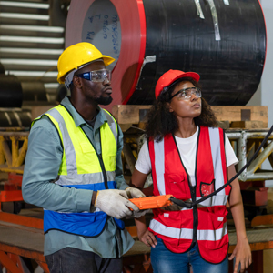 Two industrial workers wearing hard hats, safety glasses and high-visibility vests stand in a factory beside large metal equipment, with one holding a control device while both look upward during an inspection.