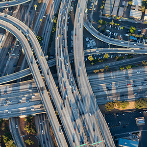 Aerial view of many cars on the highway in the morning.