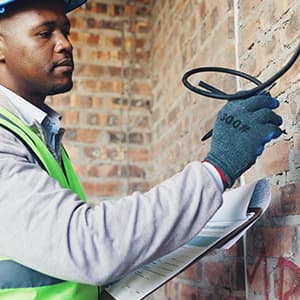 An electrician wearing a hard hat, safety vest, and gloves examines electrical wiring on a brick wall while holding a clipboard.