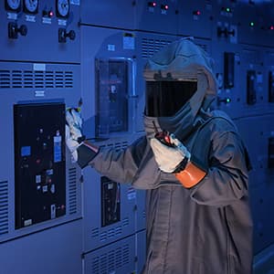 Worker in protective gear inspecting electrical control panels.