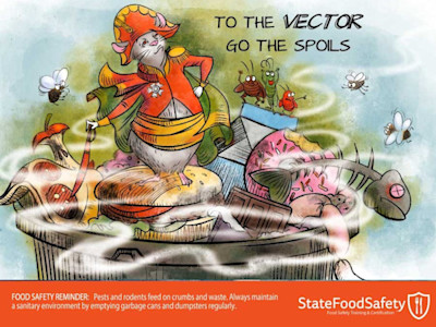 Restaurant best practices for waste disposal and pest prevention cartoon depicting a rat and insects in a garbage can overflowing with food.
