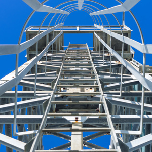 An upward view shows a fixed metal ladder enclosed by a safety cage and surrounded by steel framing as it rises to an elevated industrial platform under a bright blue sky.