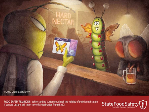 Cartoon depicting a caterpillar presenting a fake ID that shows a butterfly to a grasshopper bartender.