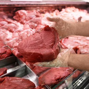 A male butcher wearing gloves holds a fresh cut of beef.