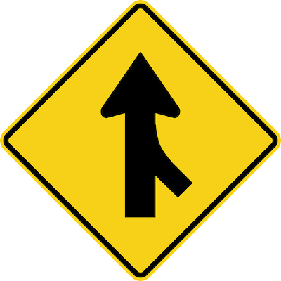 A yellow diamond-shaped traffic warning sign with a black symbol indicating a lane merging into a highway.