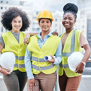 Three women in high-visibility vests stand together at a construction site, with one holding a hard hat and another carrying rolled building plans.