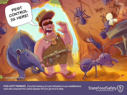 Licensed pest control cartoon depicting a caveman saying “pest control is here” while leading an anteater into a cave filled with ants