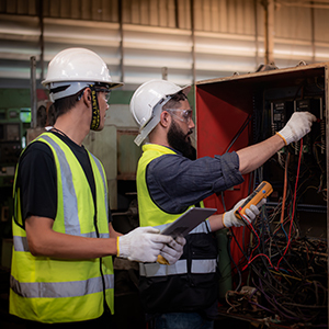 Two electricians wearing hard hats, safety vests, gloves, and protective eyewear inspect wiring inside an industrial electrical control panel using a digital multimeter.