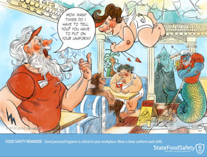 Cartoon depicting the importance of food safety hygiene practices to reduce contamination and protect public health. 