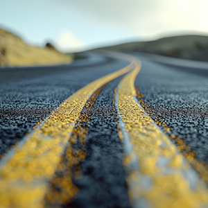 A close up view of double yellow lines on a black road.