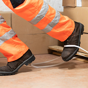 A close-up of a worker wearing black safety boots and high-visibility orange work pants stepping on a loose plastic strapping band on a warehouse floor near stacked cardboard boxes.
