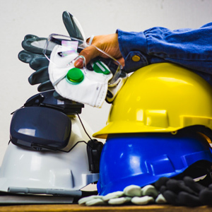 A worker’s hand holds a white respirator mask above a stack of personal protective equipment (PPE), including yellow and blue hard hats, safety goggles and work gloves arranged on a table.