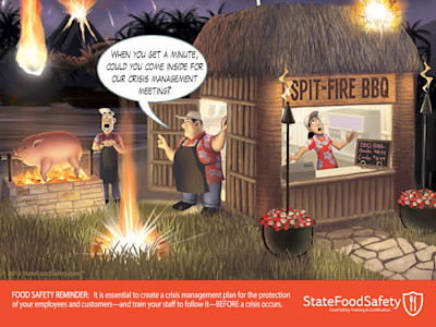 A cartoon depicting a tropical BBQ stand in the middle of an active volcanic eruption. Two employees are unprepared and panicked, while the manager calls for a crisis management meeting.