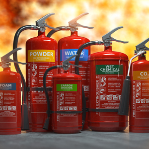 A row of red fire extinguishers labeled for foam, powder, water, carbon dioxide and wet chemical fires.