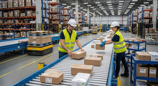 In a warehousing and distribution environment, two operators pick orders from an automated conveyor