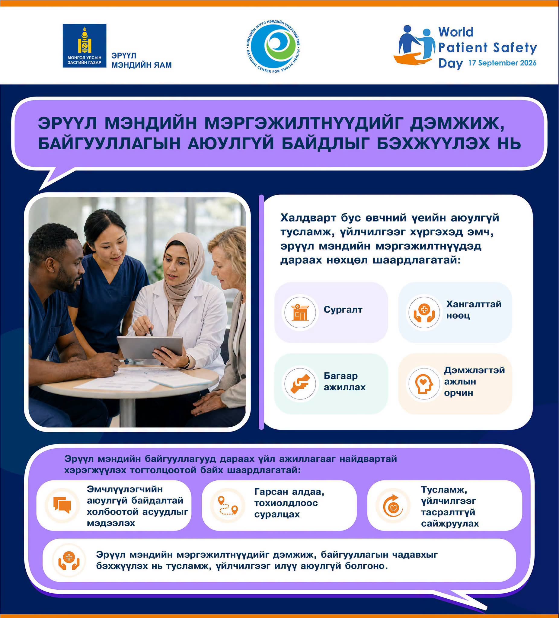 Эрүүл мэндийн ажилтнууд болон байгууллагын үйл ажиллагааг дэмжсэнээр аюулгүй тусламж, үйлчилгээ үзүүлэх нөхцөл бүрдүүлэх нь