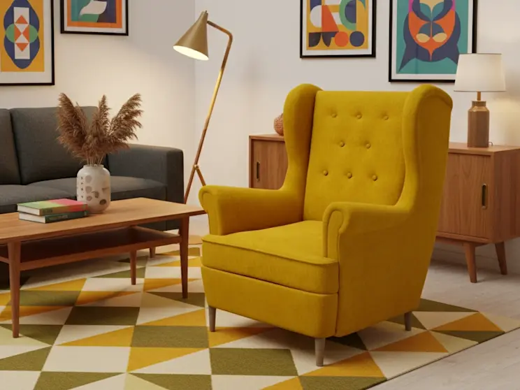 Fotel Aros Omega 68 w energetycznej aranżacji salonu z kolorowym dywanem, plakatami i meblami w stylu mid-century.