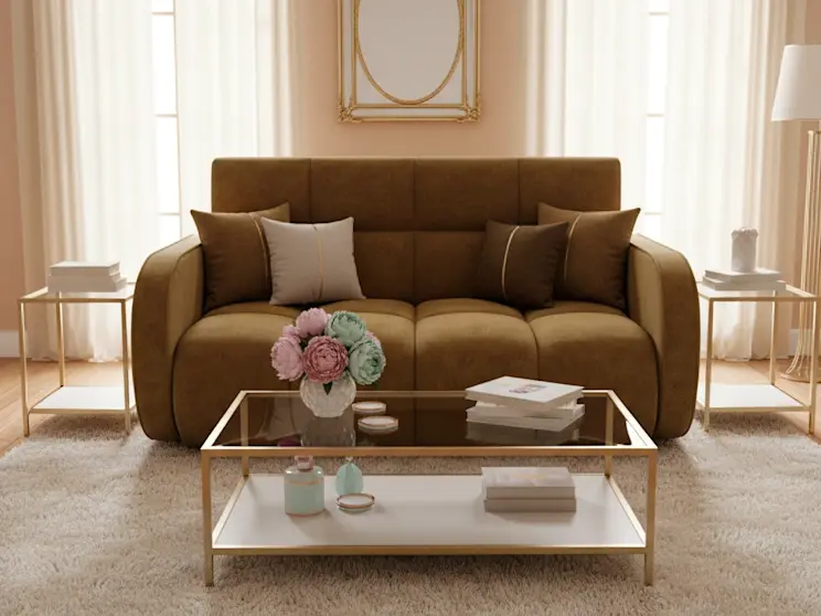 Stylowa amerykanka Deverio Aura 45 w ciepłym wnętrzu z beżowym dywanem, złotymi dodatkami i pastelowymi dekoracjami na stoliku.