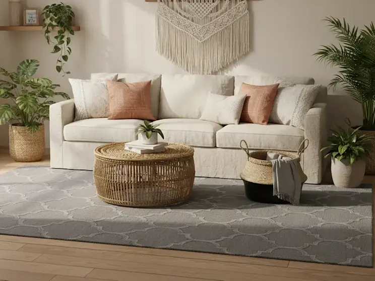 Szary dywan Elsher Grey z delikatnym, powtarzalnym wzorem ułożony w przytulnym salonie z roślinami doniczkowymi i plecionym stolikiem kawowym. Stonowana kolorystyka harmonijnie współgra z beżową sofą i naturalnymi tekstyliami.