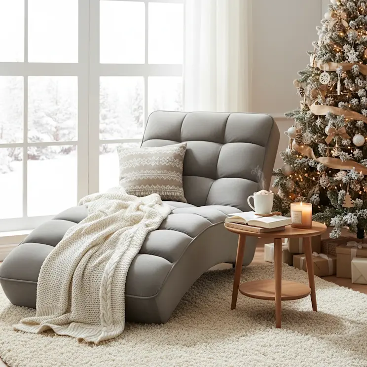 Szezlong Loren Loco w jasnym salonie w zimowej aranżacji. Miękka forma mebla, pled i poduszki tworzą przytulne miejsce do relaksu.