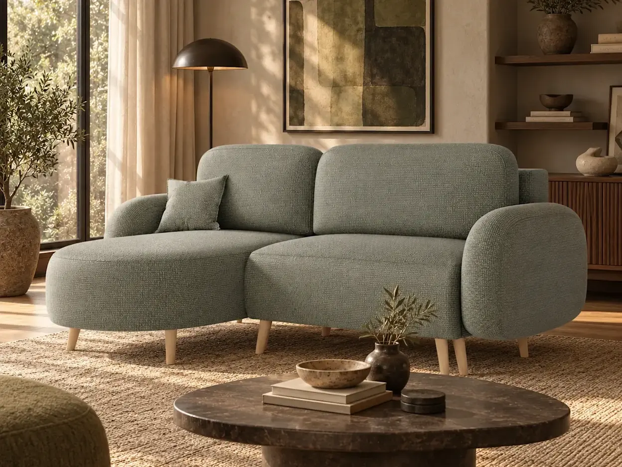 Zielony narożnik Bawal Tonall 33 w salonie modern organic, przy ciemnym stoliku, drewnianej zabudowie i dużym oknie z zasłonami.