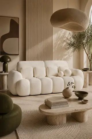 Designerska sofa Cotonn Paolli01 w kolorze złamanej bieli prezentowana w stylowym salonie z naturalnymi materiałami. Mebel wyróżnia się miękką formą, obłymi podłokietnikami i komfortowym siedziskiem do codziennego relaksu.