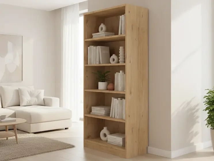 Drewniany regał Seilf w jasnym salonie, wypełniony książkami i dekoracjami, ustawiony obok sofy w przytulnym, naturalnym wnętrzu pełnym światła.
