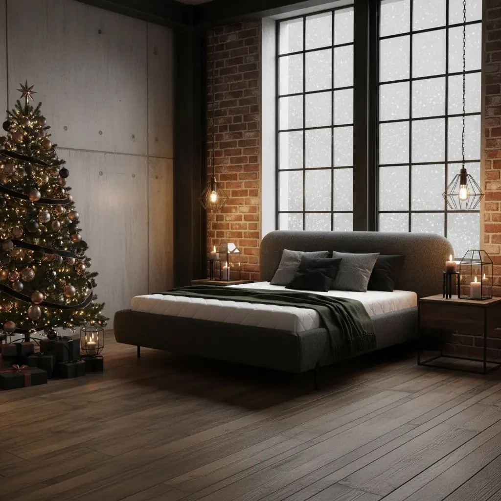 Łóżko Pointt Breona 04 w loftowej sypialni z ceglaną ścianą, dużymi oknami i świąteczną choinką, tworzące elegancki, przytulny klimat zimowy.