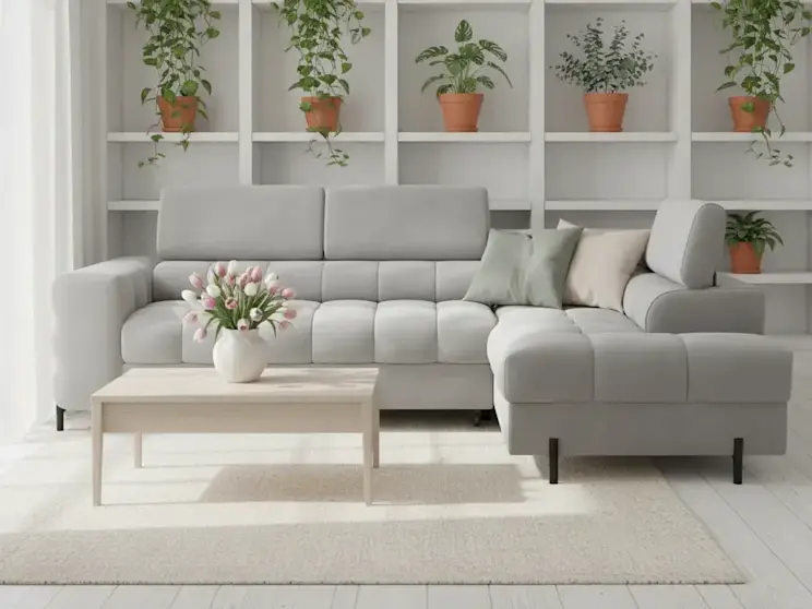 Przytulny salon z narożnikiem Ferucce Paros05 w wersji prawej, otoczony zielonymi roślinami na półkach. Jasna kolorystyka, miękki dywan i subtelne dekoracje tworzą komfortową przestrzeń do odpoczynku dla całej rodziny.