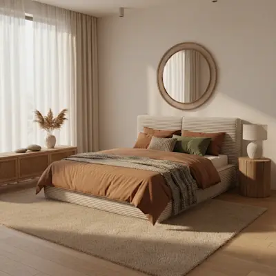 Przytulna sypialnia w ciepłych beżach z łóżkiem Pesillo II Modullo 18 i ryflowanym zagłówkiem. Nad łóżkiem wisi okrągłe lustro, a dodatki w brązach i zieleniach tworzą spokojny klimat.