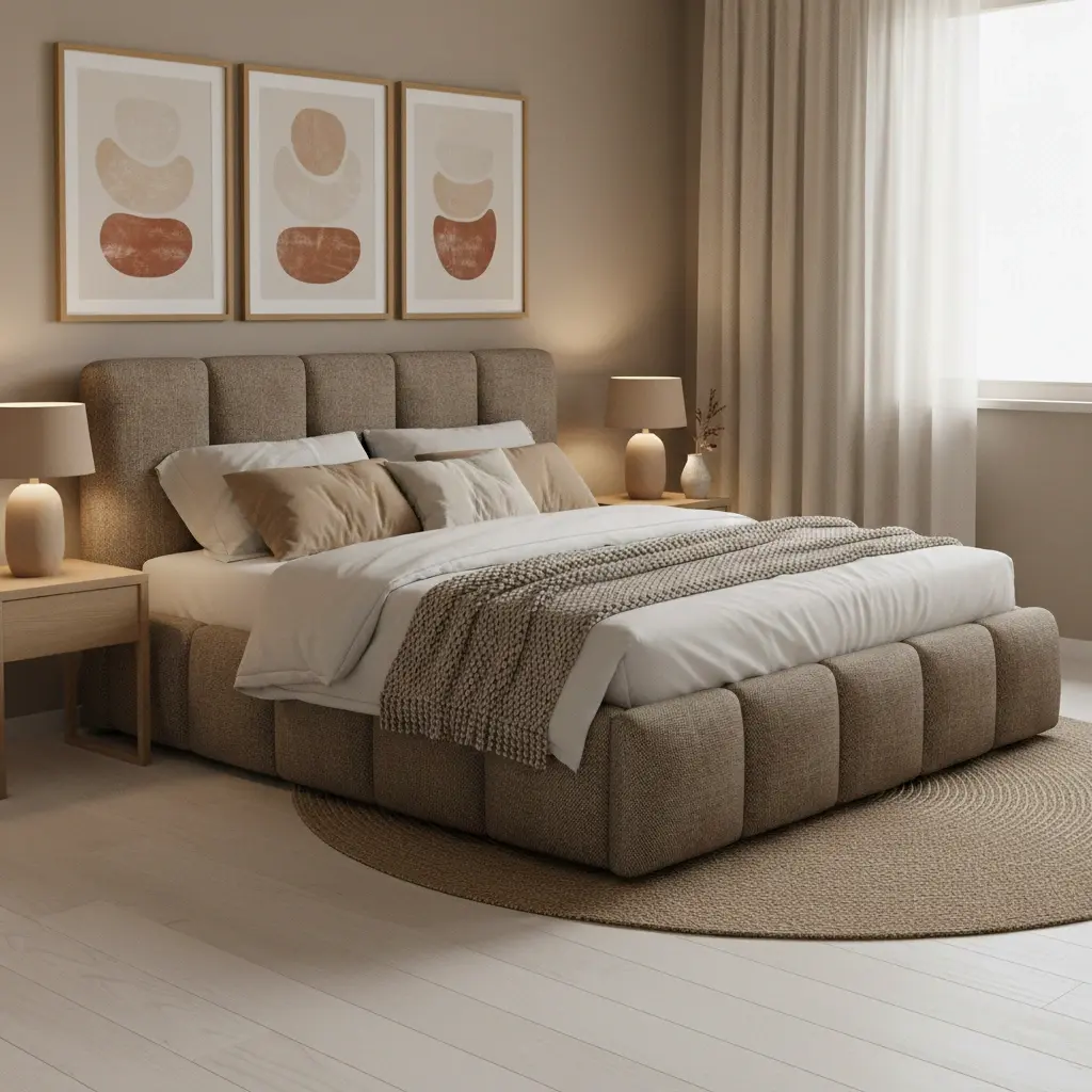 Łóżko Edvige w tkaninie Berlin 03 w kolorze ciemnobeżowym to eleganckie, tapicerowane łóżko do sypialni z wysokim zagłówkiem i miękkim wykończeniem, które tworzy przytulną przestrzeń idealną do codziennego odpoczynku.