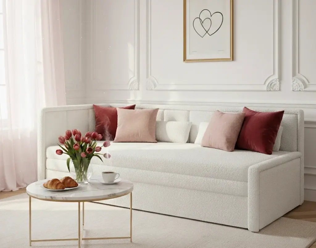 Biała kanapa Fulgeo w tkaninie Royal 01 w eleganckim salonie z jasnymi ścianami. Na siedzisku poduszki w odcieniach różu i bordo, a przed kanapą stolik z kwiatami i kawą.