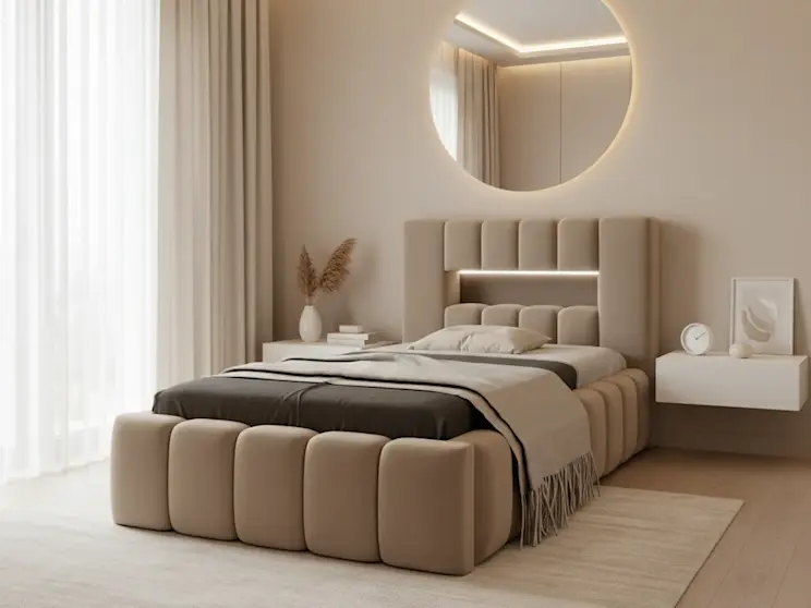Łóżko Lamica Nube 20 w eleganckim, tapicerowanym wykończeniu z miękkimi panelami i wysokim zagłówkiem, idealne do nowoczesnej, stylowej sypialni.