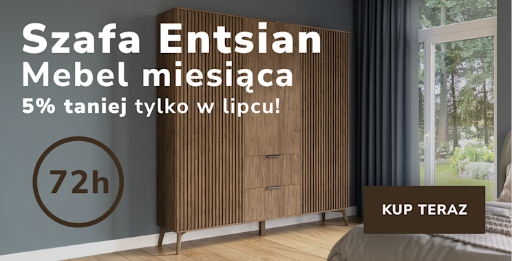 Drewniana szafa Entsian w nowoczesnej sypialni z dużym oknem i widokiem na ogród. Tekst promocyjny: Szafa Entsian – Mebel miesiąca. 5% taniej tylko w lipcu! 72h.