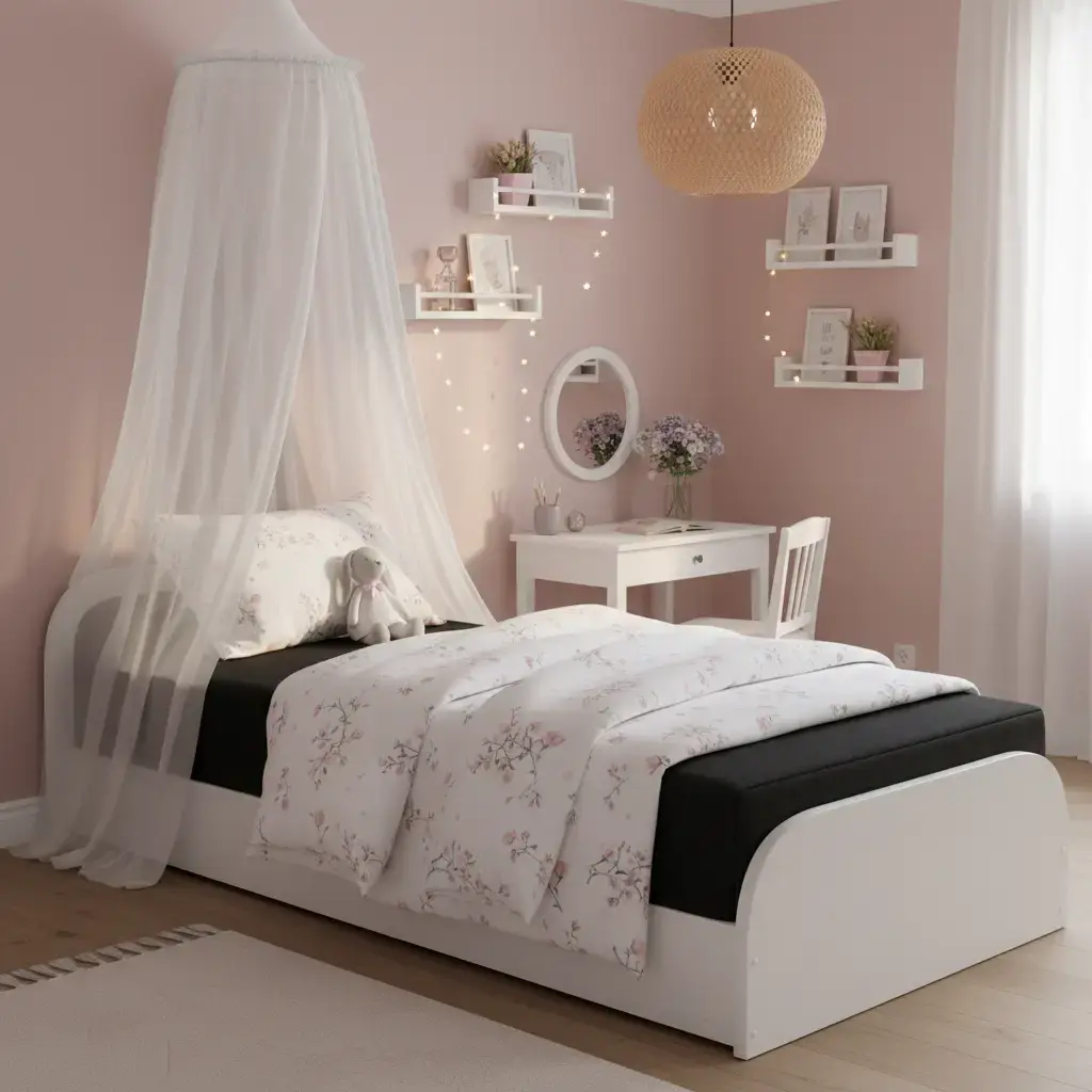 Łóżko Parys Alova 04 w białej ramie z tapicerowanym zagłówkiem w czarnym kolorze, ustawione w przytulnym pokoju dziewczynki z baldachimem nad łóżkiem, biurkiem i pastelową aranżacją wnętrza.