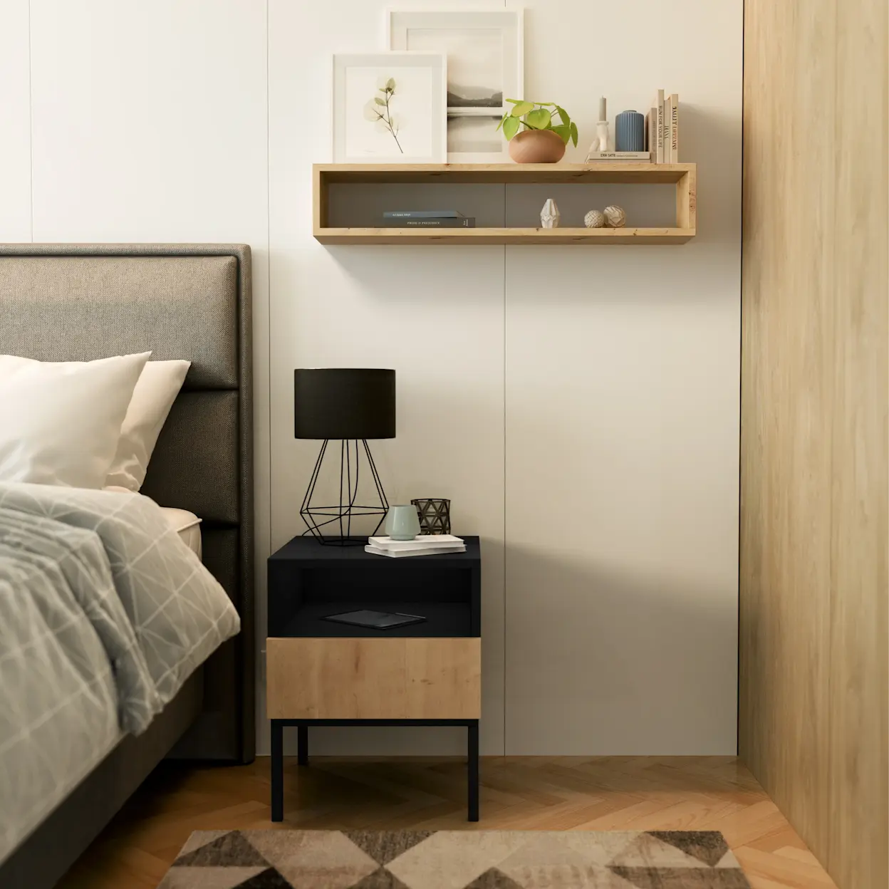 Aranżacja sypialni z półką Finees, lampką Brevitas i stolikiem nocnym Lanzzi, ustawionymi obok łóżka na dywanie Eustache Beige.