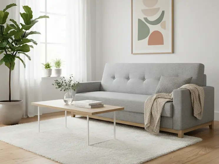 Wersalka Selene Sawana 21 na bukowych nogach w przytulnym, nowoczesnym salonie z pastelową grafiką i drewnianym stolikiem.