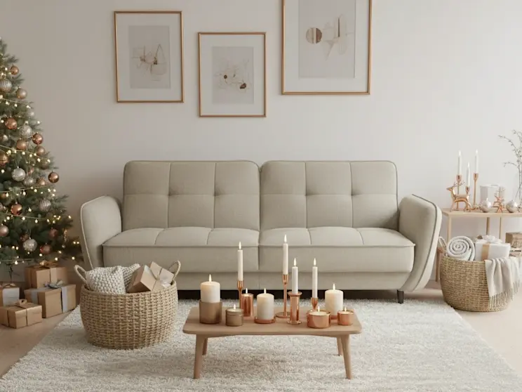 Sofa Bellis Inari 22 i dywan Blodwen Beige w jasnym, świątecznym salonie z choinką, ciepłymi świecami i naturalnymi dekoracjami.