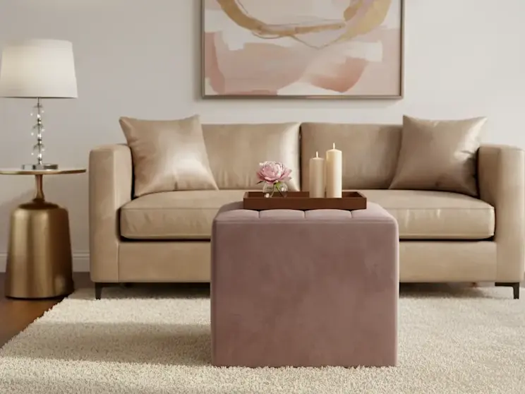 Różowa pufa Nolla ustawiona w eleganckim salonie przed beżową sofą, na jasnym dywanie, z dekoracyjną tacą ze świecami i kwiatem. Aranżację uzupełniają złota lampa oraz obraz w pastelowych kolorach na ścianie.