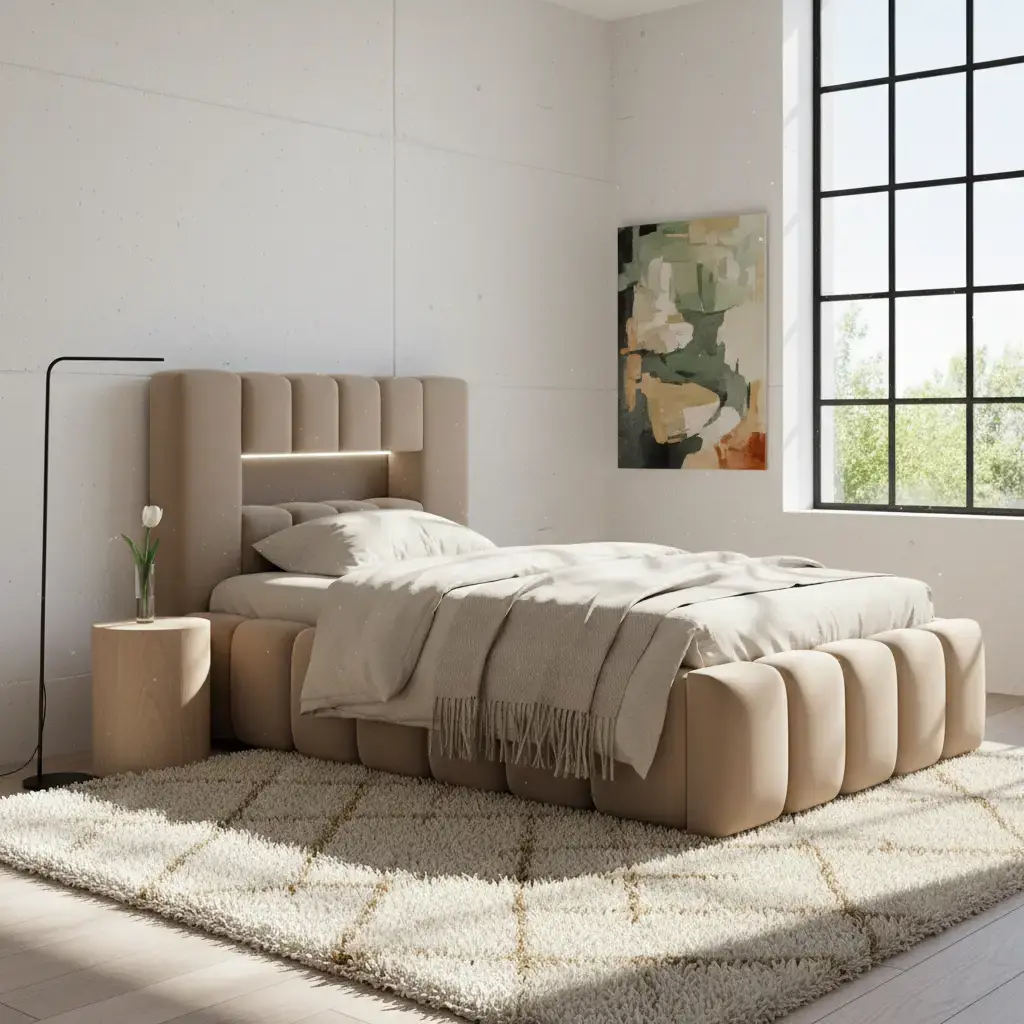 Tapicerowane łóżko Lamica 90x200 w tkaninie Nube 20 w jasnej sypialni z dużym oknem, miękkim dywanem i stolikiem nocnym, tworzące przytulną i elegancką przestrzeń do codziennego wypoczynku.