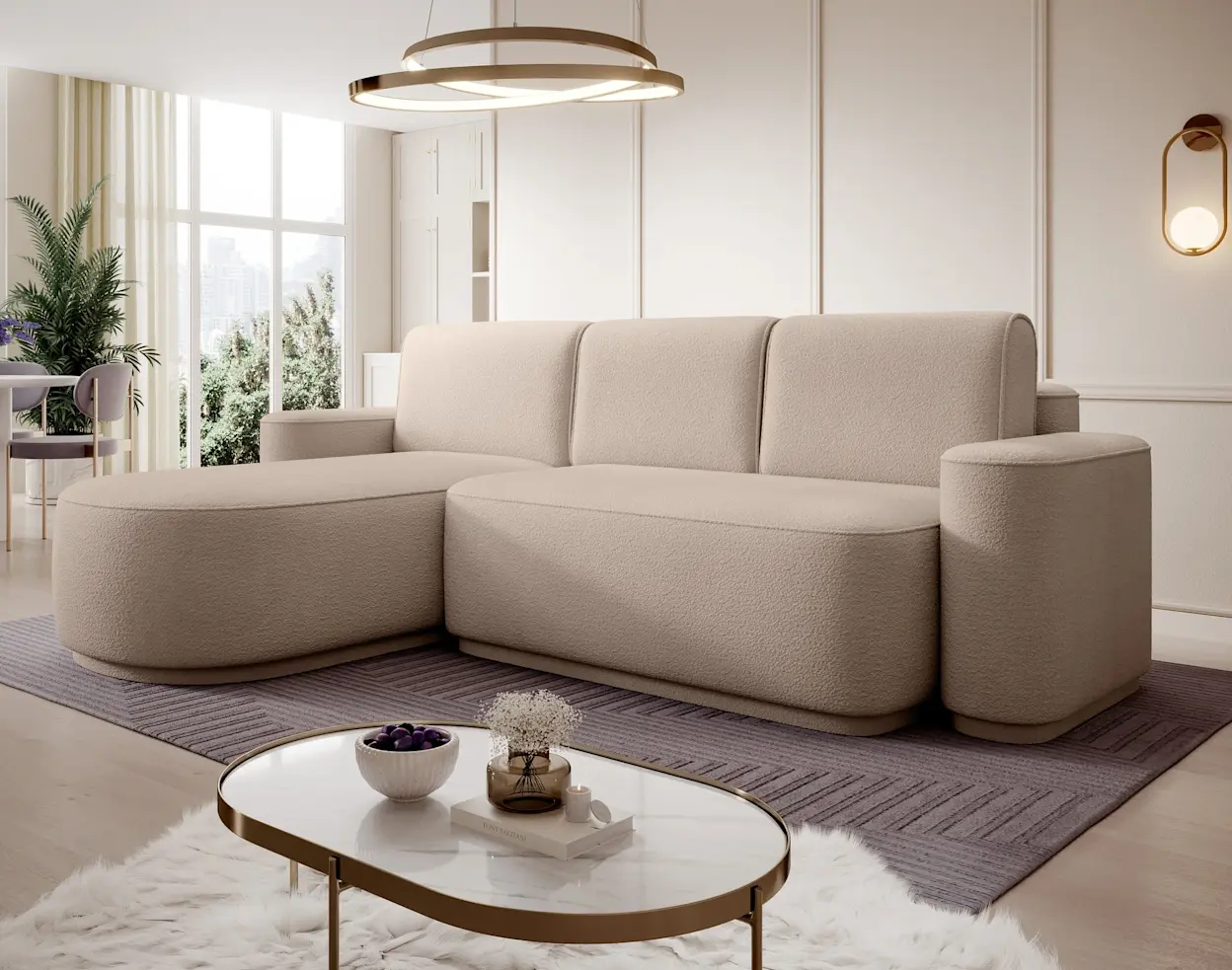 Beżowy narożnik Aurumm z funkcją spania w jasnym salonie.