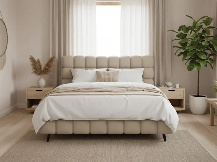 Beżowe łóżko kontynentalne Sabeno Calmora 18 w minimalistycznej aranżacji z jasnym drewnem, lekkimi zasłonami i subtelnymi dodatkami.