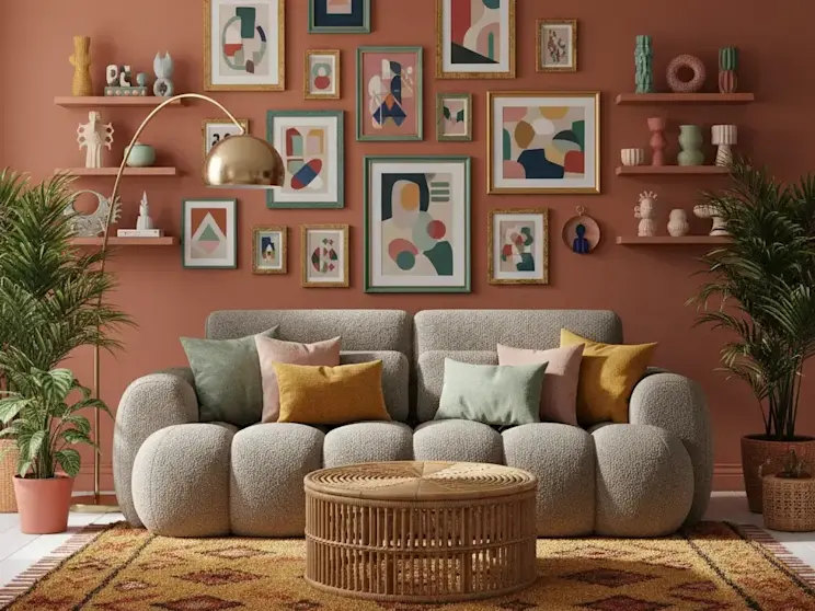 Kanapa Cotonn w tkaninie boucle Royal 20 ustawiona w kolorowym, maksymalistycznym salonie. Pomarańczową ścianę zdobią barwne ramki z abstrakcyjnymi obrazkami, a na podłodze umieszczono żółty dywan.