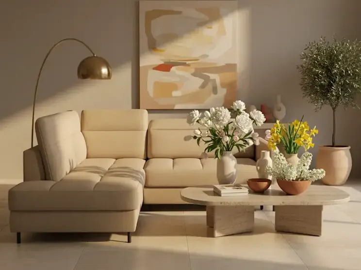 Beżowy narożnik Barea w tkaninie Manhattan 18 ustawiony w eleganckim salonie z dużym stolikiem kawowym z kamiennym blatem, dekoracyjnymi wazonami z kwiatami oraz lampą stojącą, tworzący ciepłą i nowoczesną aranżację wnętrza.