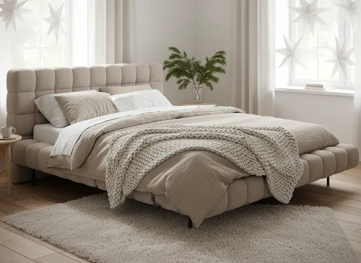 Łóżko Magentta Royal 18 w jasnej, naturalnej sypialni z delikatnymi gwiazdami w oknie i miękkimi tkaninami, tworzące spokojny, przytulny klimat.