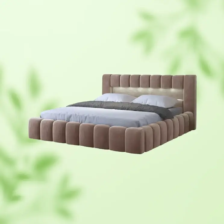 Nowoczesne łóżko Lamica z tapicerowaną ramą i wysokim zagłówkiem z dekoracyjnymi przeszyciami. Stylowy mebel do sypialni zapewniający komfortowy wypoczynek.