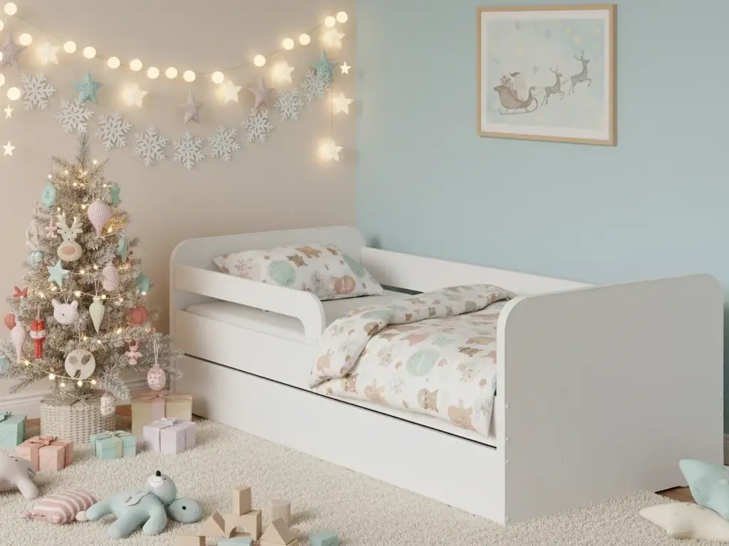 Łóżko Duuli w jasnej, pastelowej aranżacji pokoju dziecka z choinką, girlandą i uroczymi zabawkami, idealne na świąteczny czas.