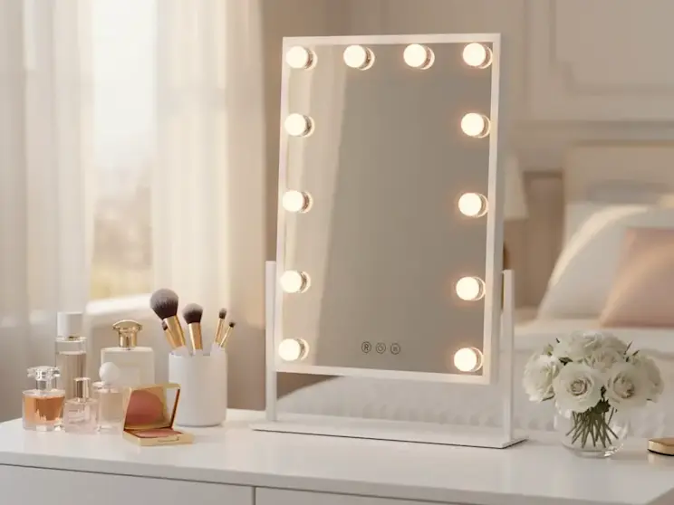 Podświetlane lustro Flamnate do makijażu z żarówkami LED ustawione na białej toaletce z kosmetykami i pędzlami, w jasnej sypialni z delikatnym światłem dziennym.